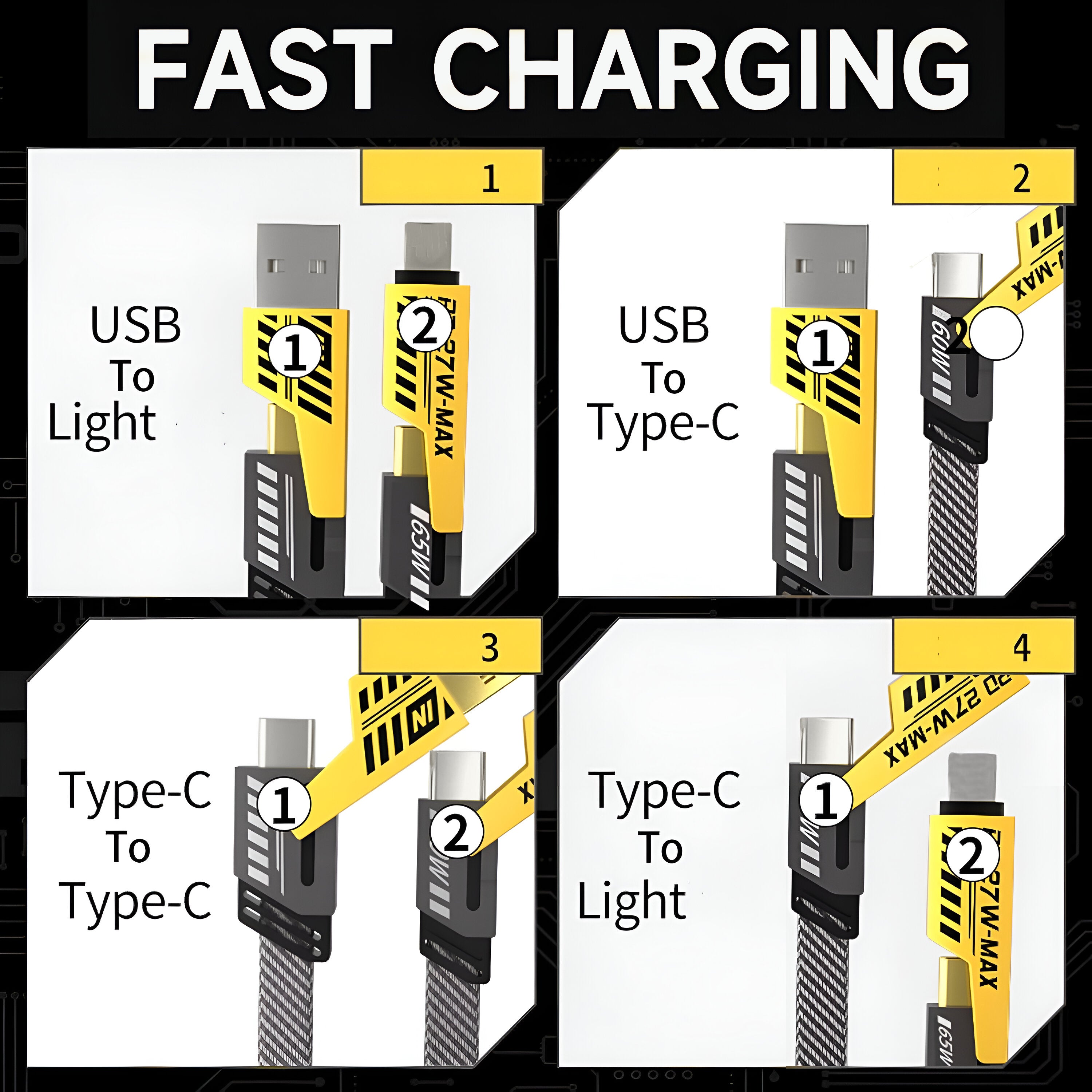 Royal Mobisol 4-in-1 Fast Charging Data Cable, 1 Meter, Type-C 65W Max, iOS 27W, Fast Data Sync, Multi-Device Charging Cable for Android & iPhone