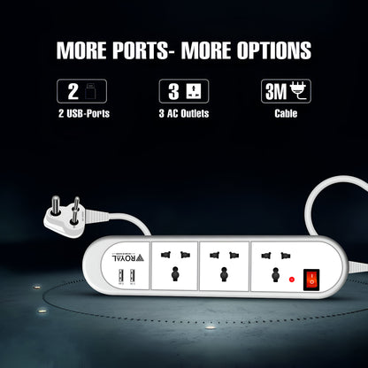 3 Universal Sockets & 2 USB Ports Extension board