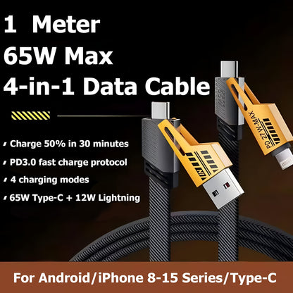 Royal Mobisol 4-in-1 Fast Charging Data Cable, 1 Meter, Type-C 65W Max, iOS 27W, Fast Data Sync, Multi-Device Charging Cable for Android & iPhone