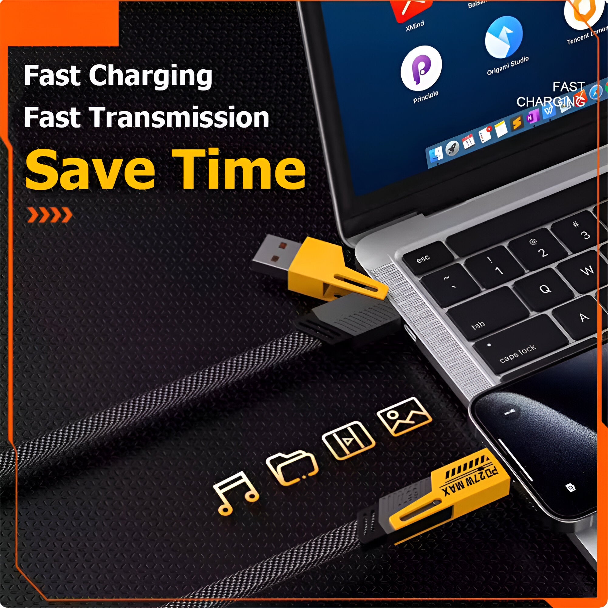 Royal Mobisol 4-in-1 Fast Charging Data Cable, 1 Meter, Type-C 65W Max, iOS 27W, Fast Data Sync, Multi-Device Charging Cable for Android & iPhone