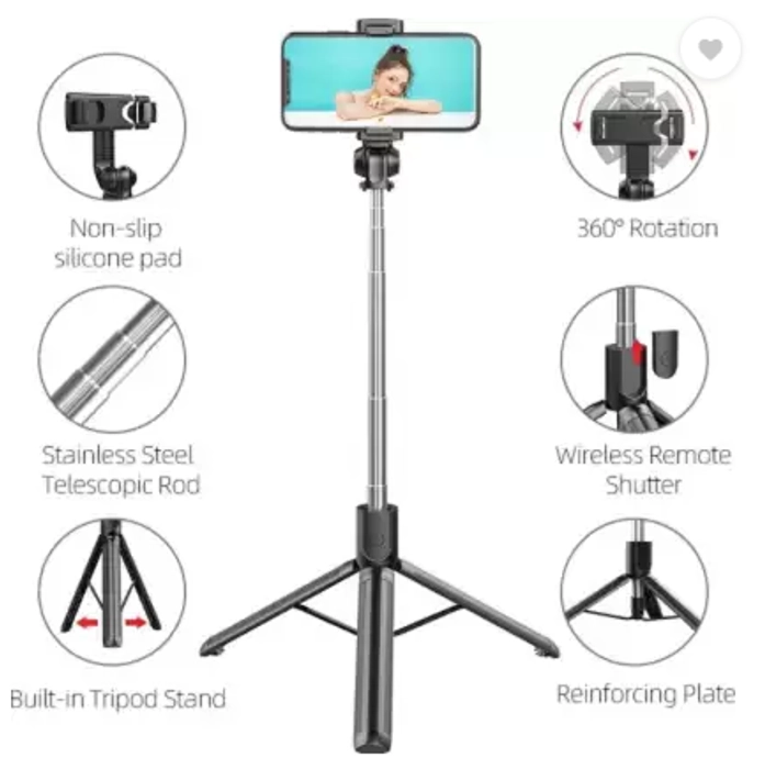 R1 Bluetooth Selfie Stick Tripod with Wireless Remote Shutter, Extendable Stainless Steel Rod & 360° Rotating Phone Holder – Portable Mobile Stand for Photography & Video Recording